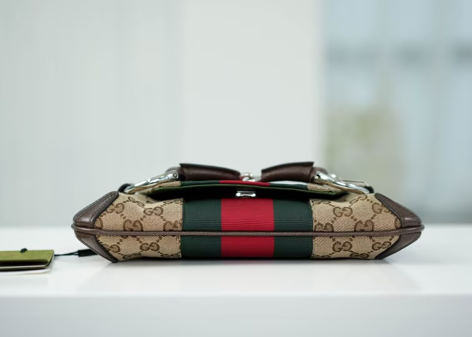 Gucci Monogram Textured Dollar Calfskin Heavy Grosgrain Web Medium Maxi Horsebit Chain Shoulder Bag 27x11.5x5cm