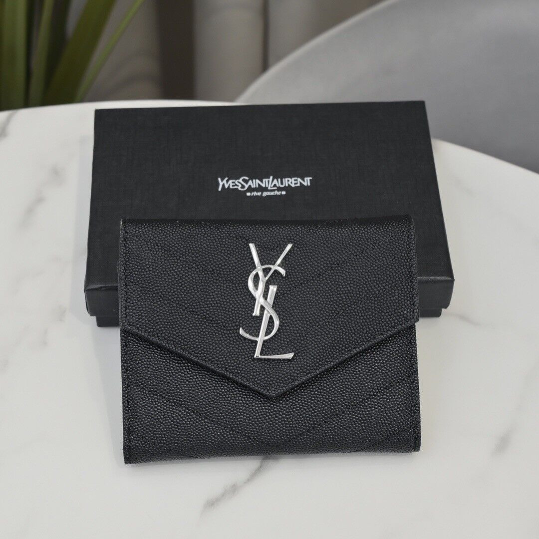 YSL cassandre matelassé compact tri fold wallet in grain de poudre leather 12.5 x 10 x 2.5 cm