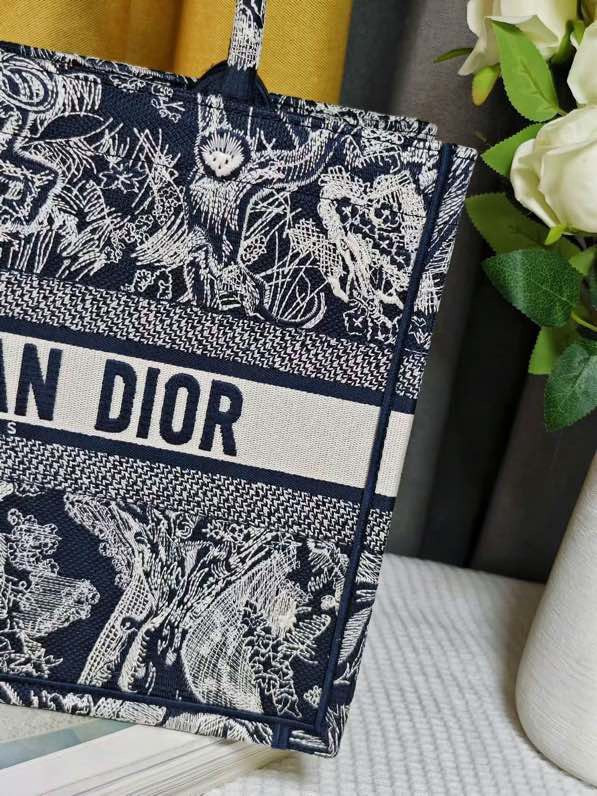 LARGE DIOR BOOK TOTE Blue and Ecru Toile de Jouy Reverse Embroidery 16.5 x 14 x 7.5 inches