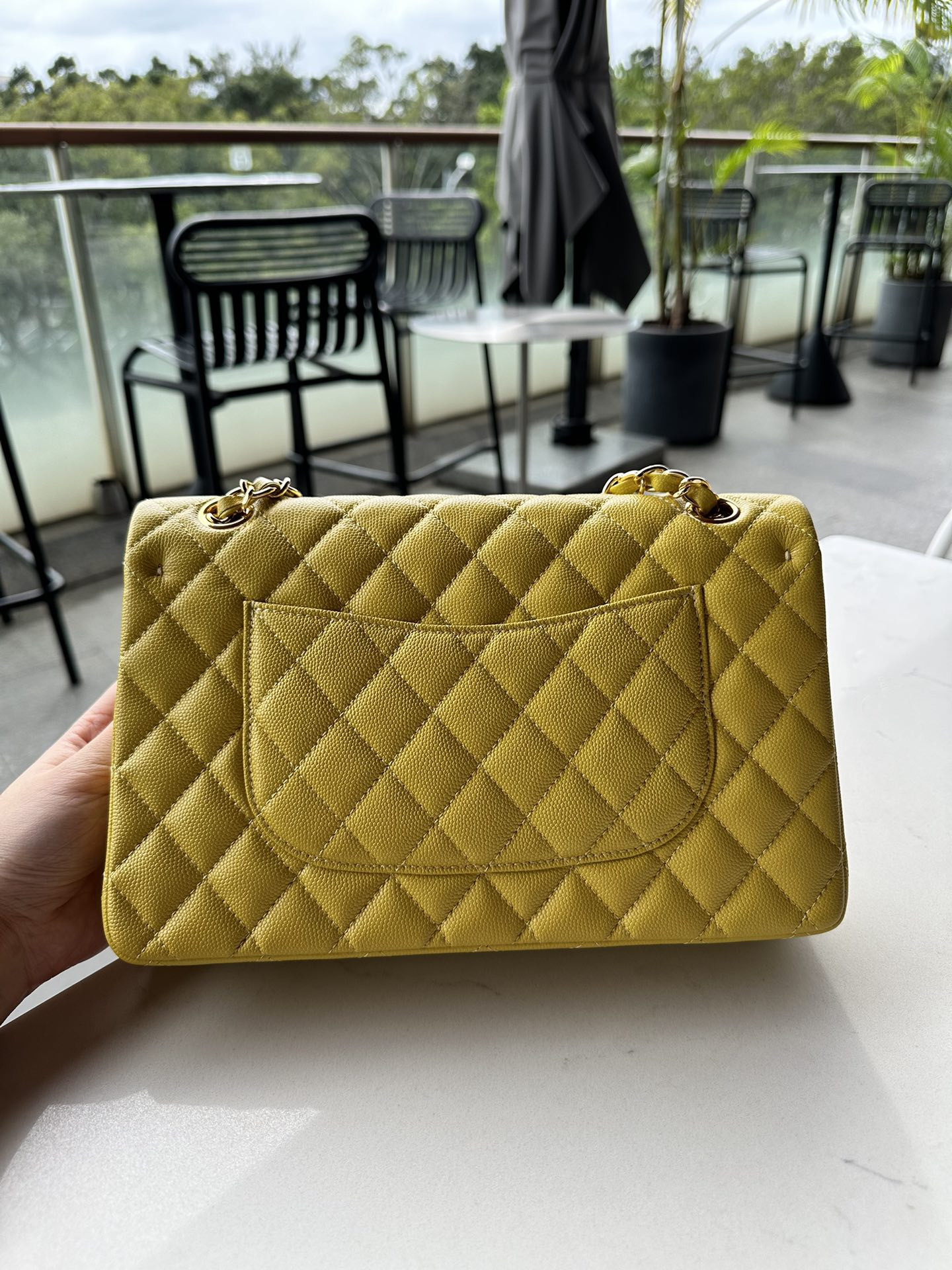 CHANEL CLASSIC HANDBAG GRAINED CALFSKIN & GOLD-TONE METAL yellow 6×9.9×2.5 in