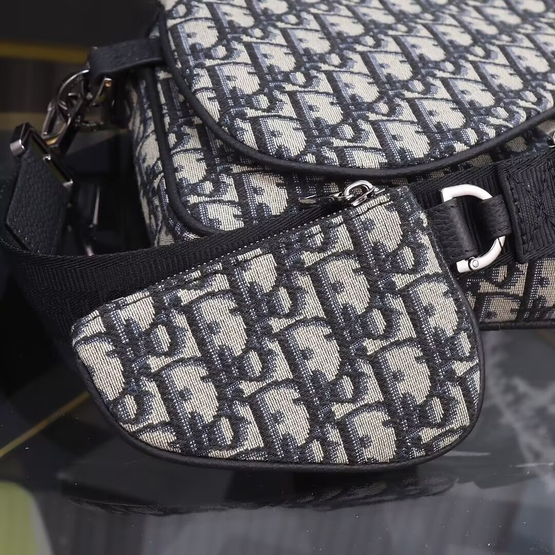 Dior Saddle Triple Pouch Beige and Black Dior Oblique Jacquard 18x25x5cm