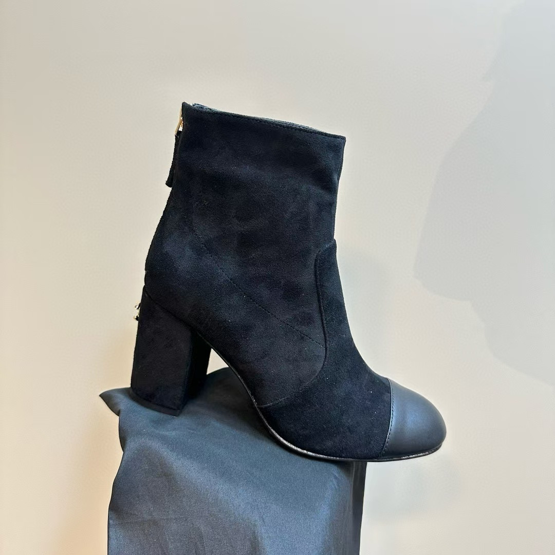 Chanel Short Boots Suede Calfskin & Lambskin Black