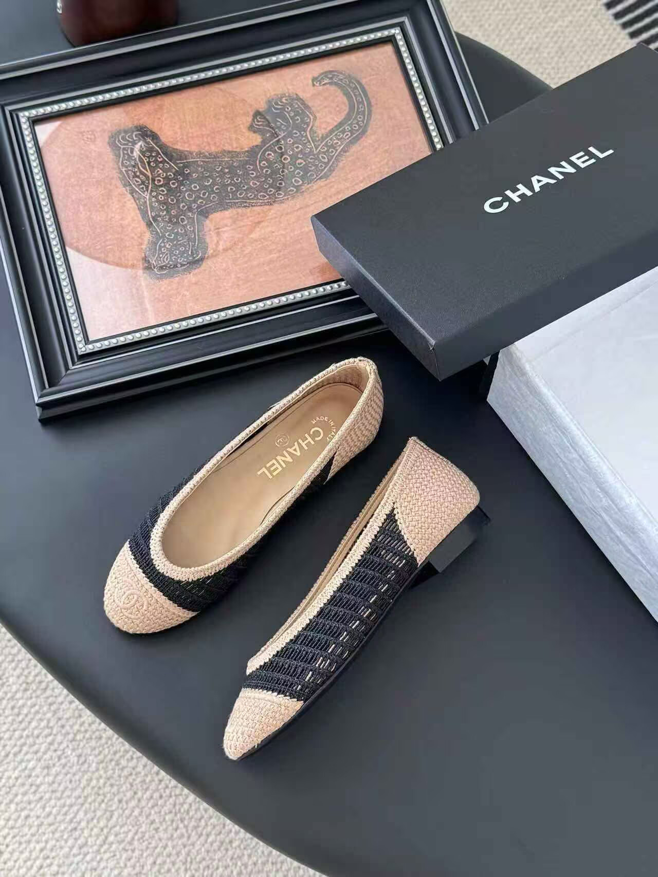 UA Chanel Raffia Cap Toe Ballet Flats
