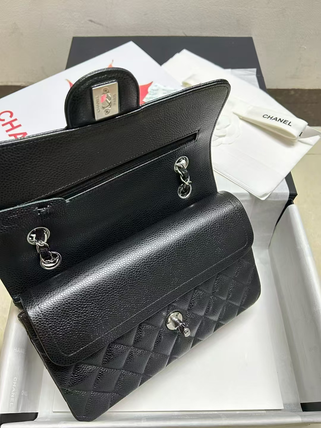 CHANEL SMALL CLASSIC HANDBAG Grained Calfskin & Silver-Tone Metal Black 5.7 × 9 × 2.3 in