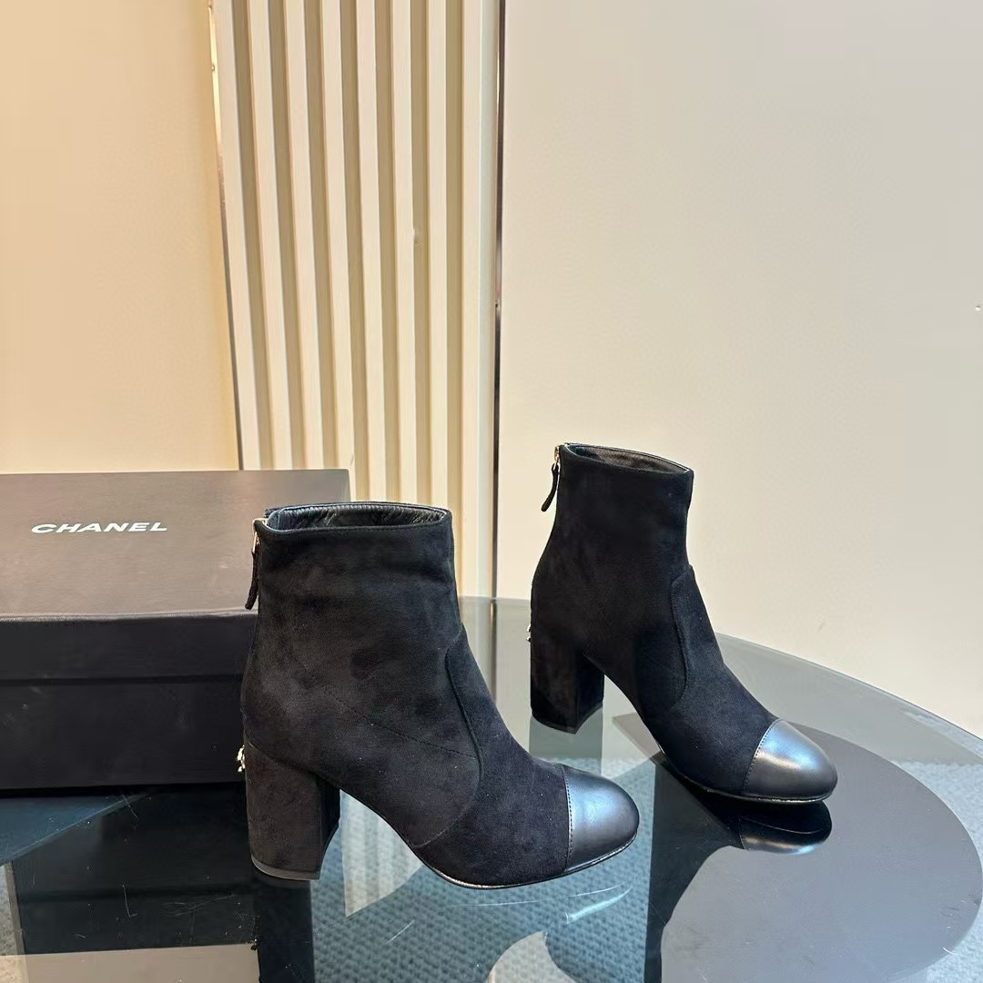 Chanel Short Boots Suede Calfskin & Lambskin Black