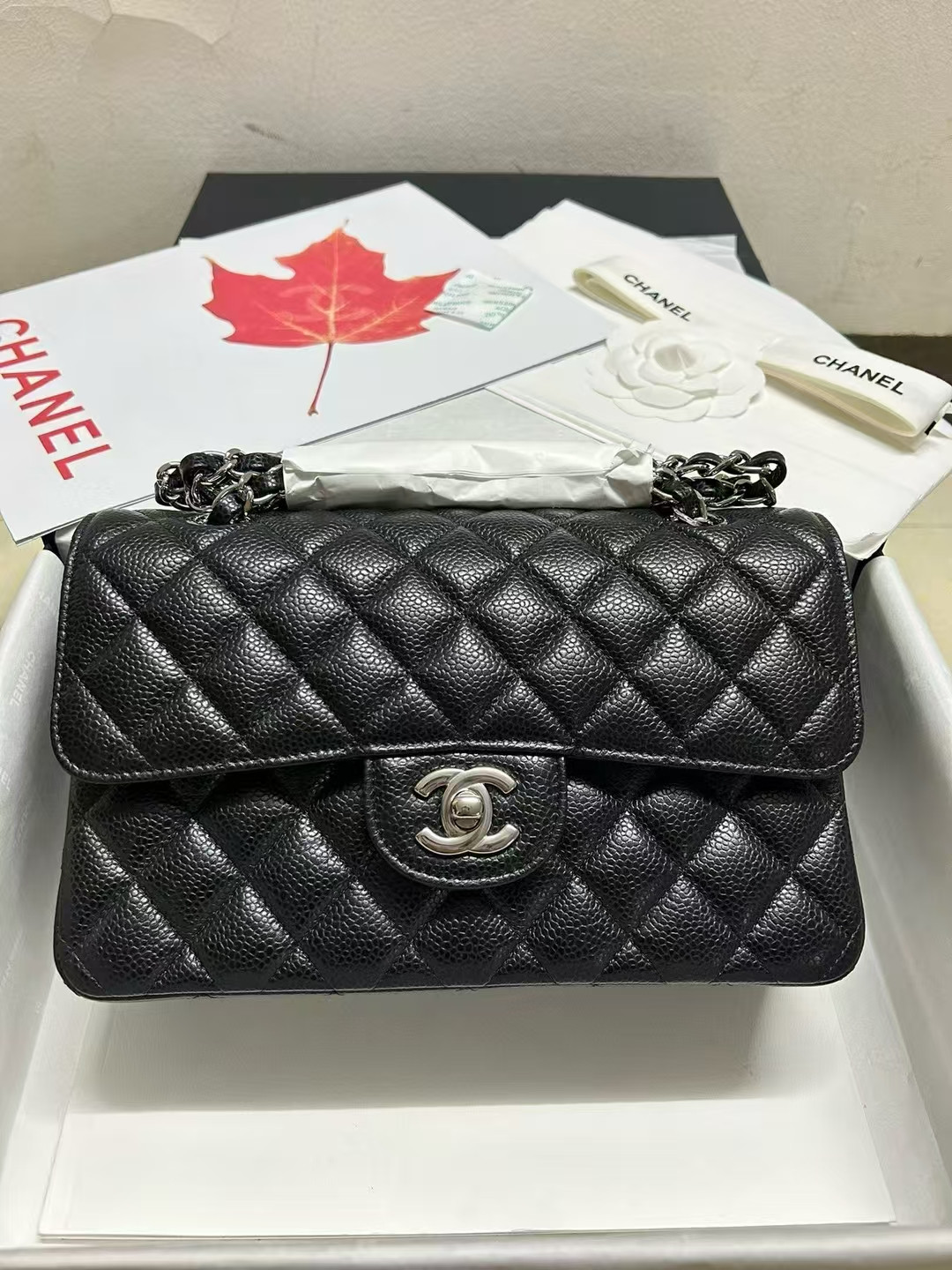 CHANEL SMALL CLASSIC HANDBAG Grained Calfskin & Silver-Tone Metal Black 5.7 × 9 × 2.3 in