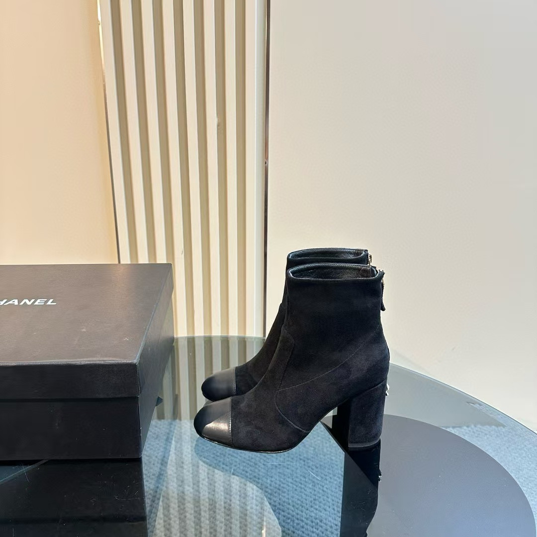 Chanel Short Boots Suede Calfskin & Lambskin Black