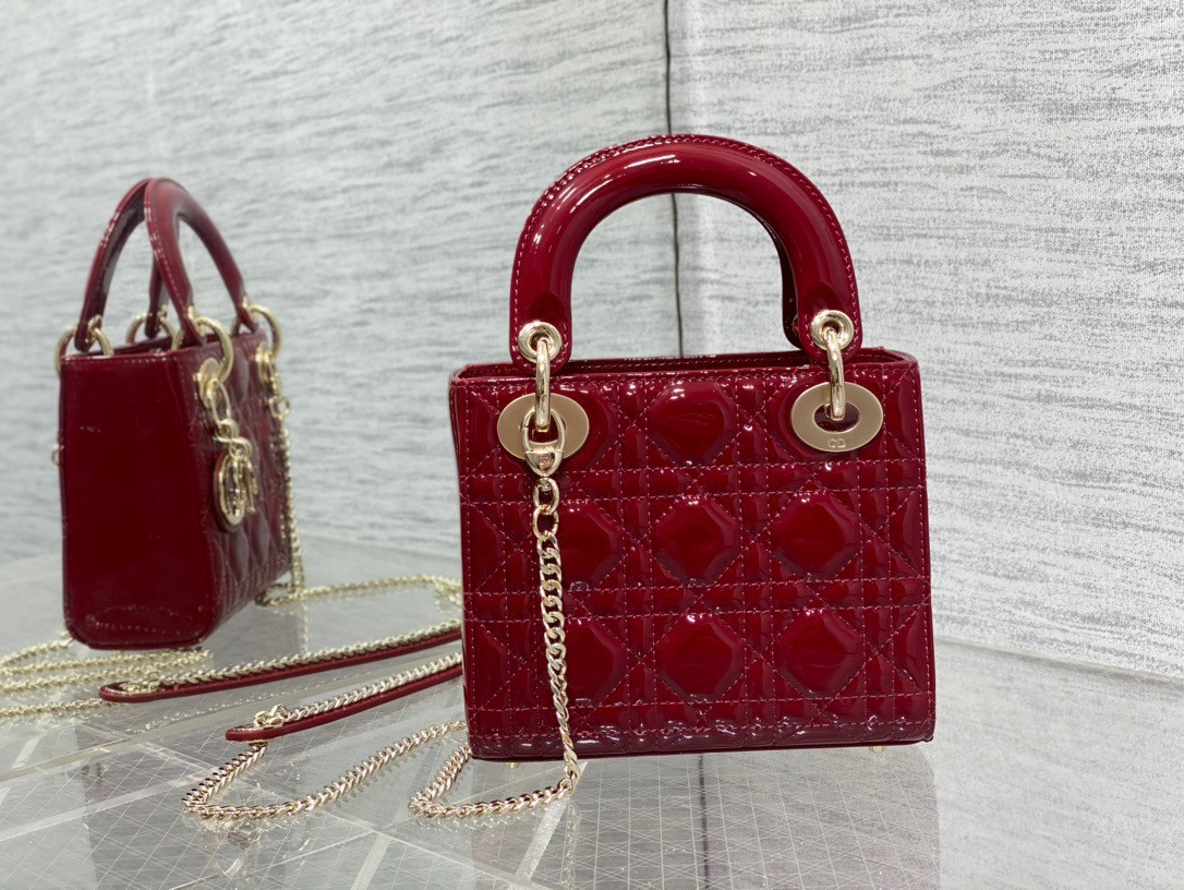 Mini Lady Dior Bag Cherry Red Patent Cannage Calfskin 6.5 x 6 x 3 inches