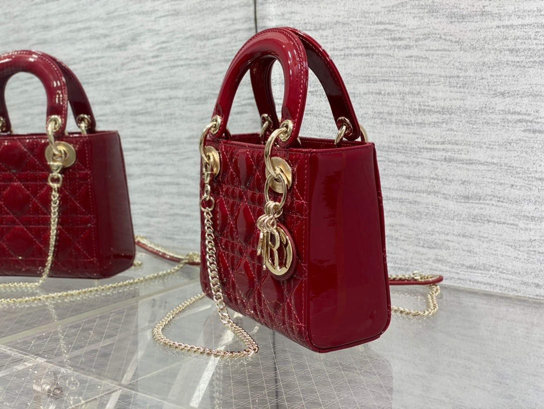 Mini Lady Dior Bag Cherry Red Patent Cannage Calfskin 6.5 x 6 x 3 inches