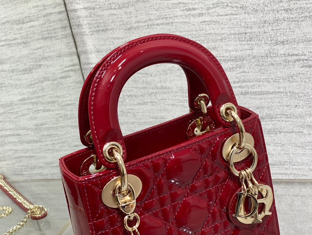 Mini Lady Dior Bag Cherry Red Patent Cannage Calfskin 6.5 x 6 x 3 inches