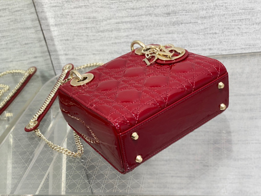 Mini Lady Dior Bag Cherry Red Patent Cannage Calfskin 6.5 x 6 x 3 inches