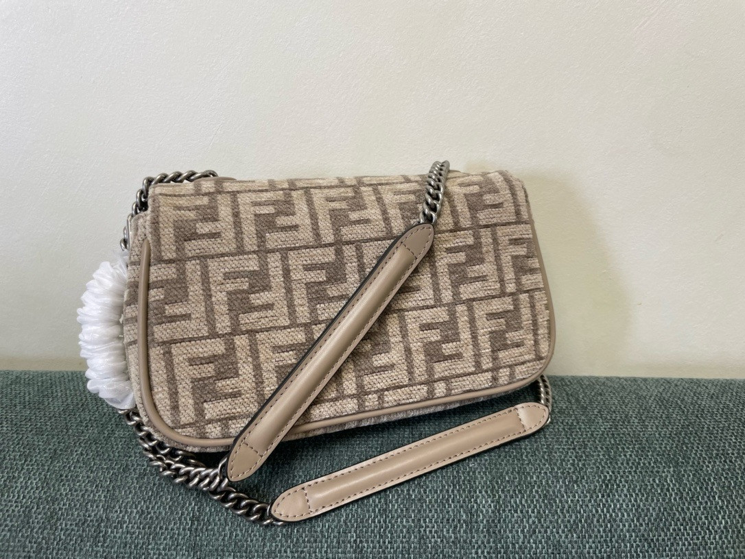 Fendi Baguette Chain Midi dove gray tapestry fabric bag with FF motif SILVER 14.5x7x24 cm