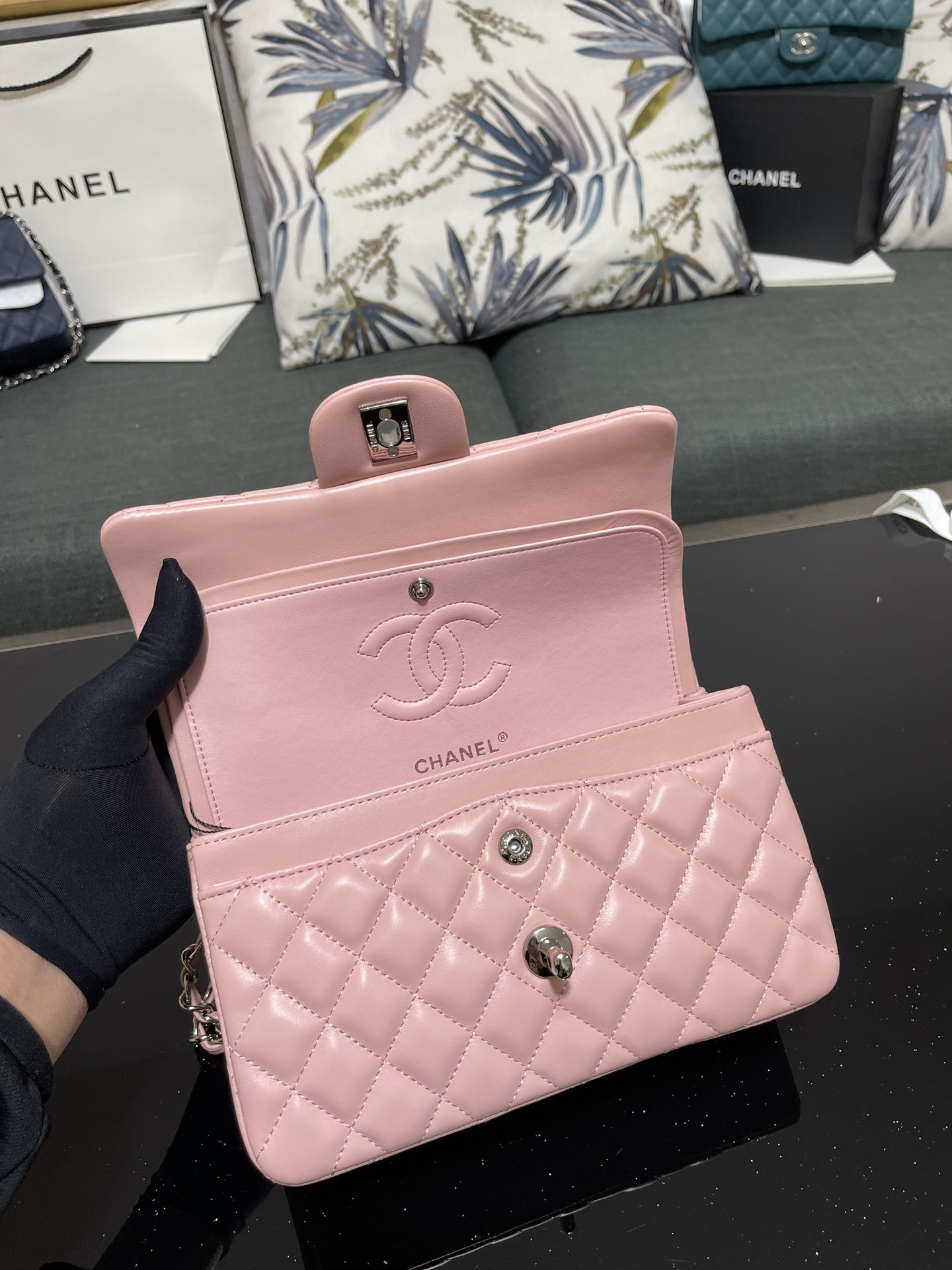 CHANEL SMALL CLASSIC HANDBAG Lambskin Pink 5.7 × 9 × 2.3 in