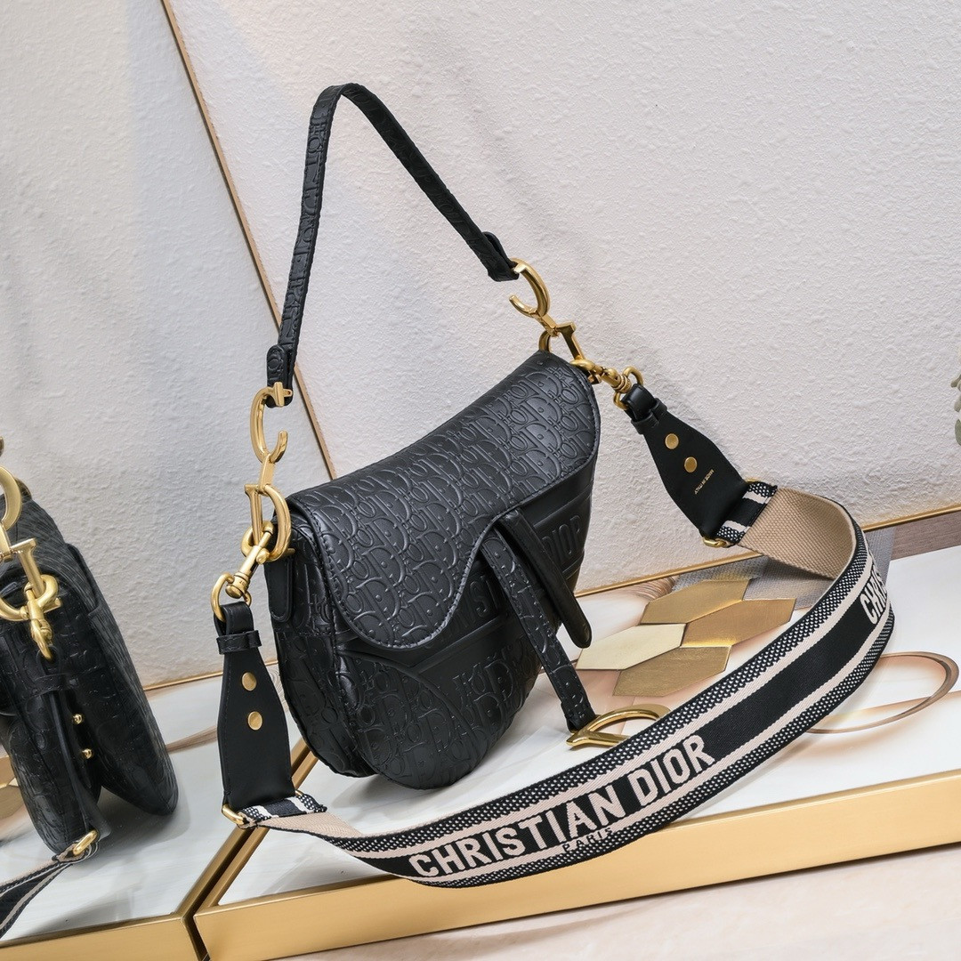 DIOR SADDLE BAG WITH STRAP Black Oblique Embossed Calfskin 25.5x20x6.5cm