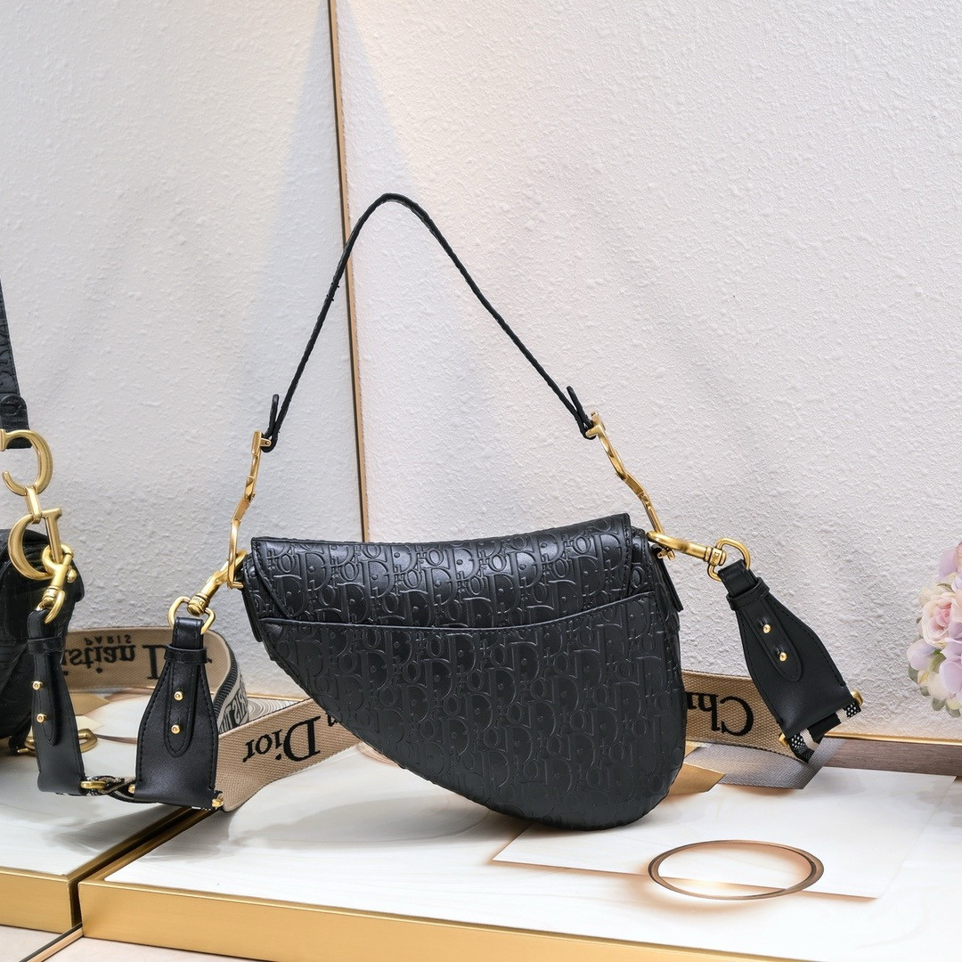 DIOR SADDLE BAG WITH STRAP Black Oblique Embossed Calfskin 25.5x20x6.5cm
