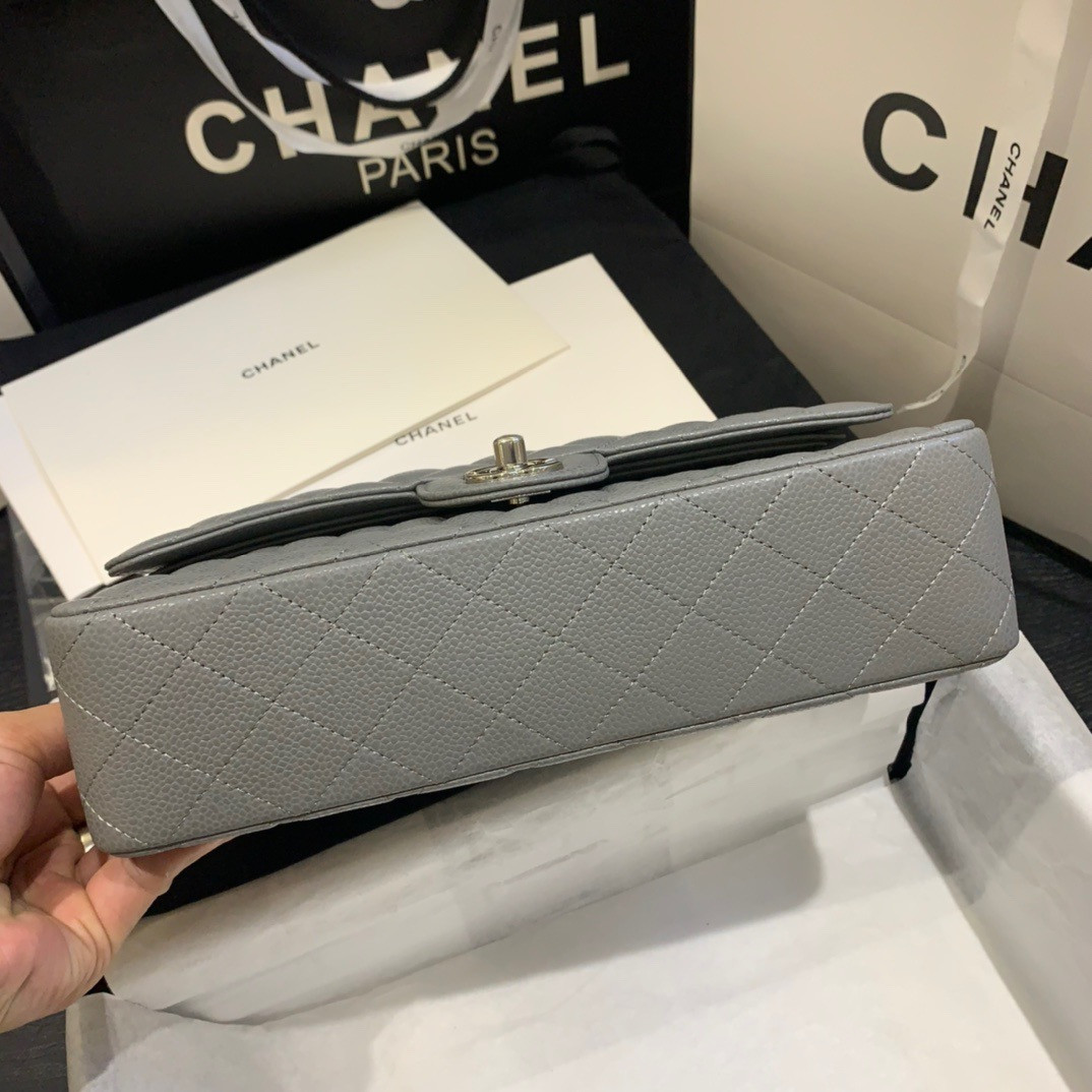 CHANEL Classic Handbag in Grained Litchi Pattern Calfskin & Silver-Tone Metal, Gray 6 × 9.9 × 2.5 inches
