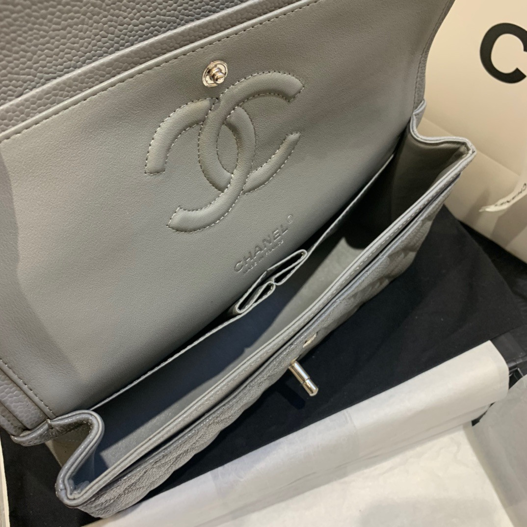 CHANEL Classic Handbag in Grained Litchi Pattern Calfskin & Silver-Tone Metal, Gray 6 × 9.9 × 2.5 inches