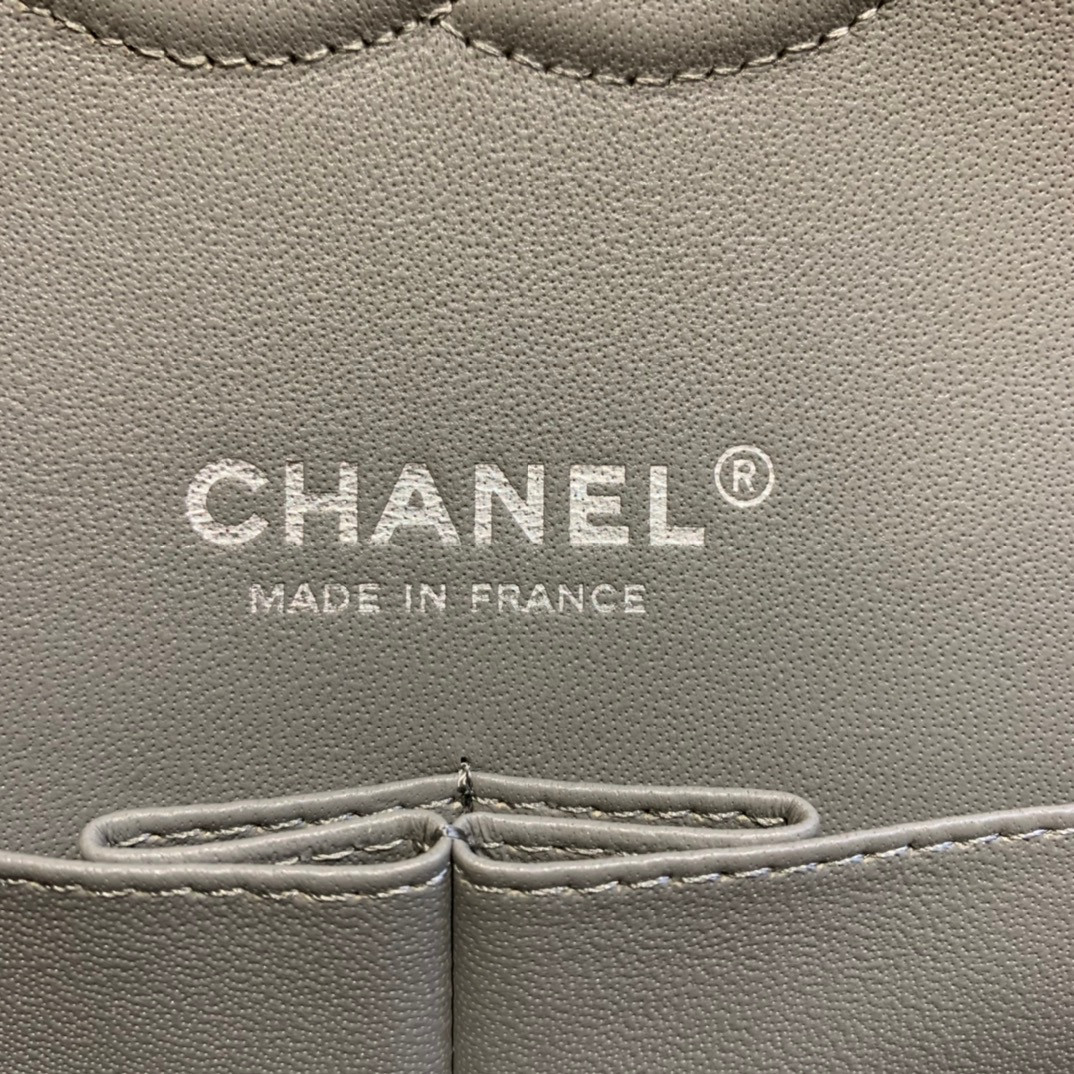CHANEL Classic Handbag in Grained Litchi Pattern Calfskin & Silver-Tone Metal, Gray 6 × 9.9 × 2.5 inches