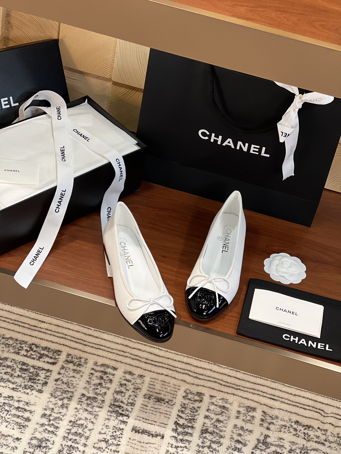 Chanel BALLET FLATS Lambskin & Grosgrain White & Black
