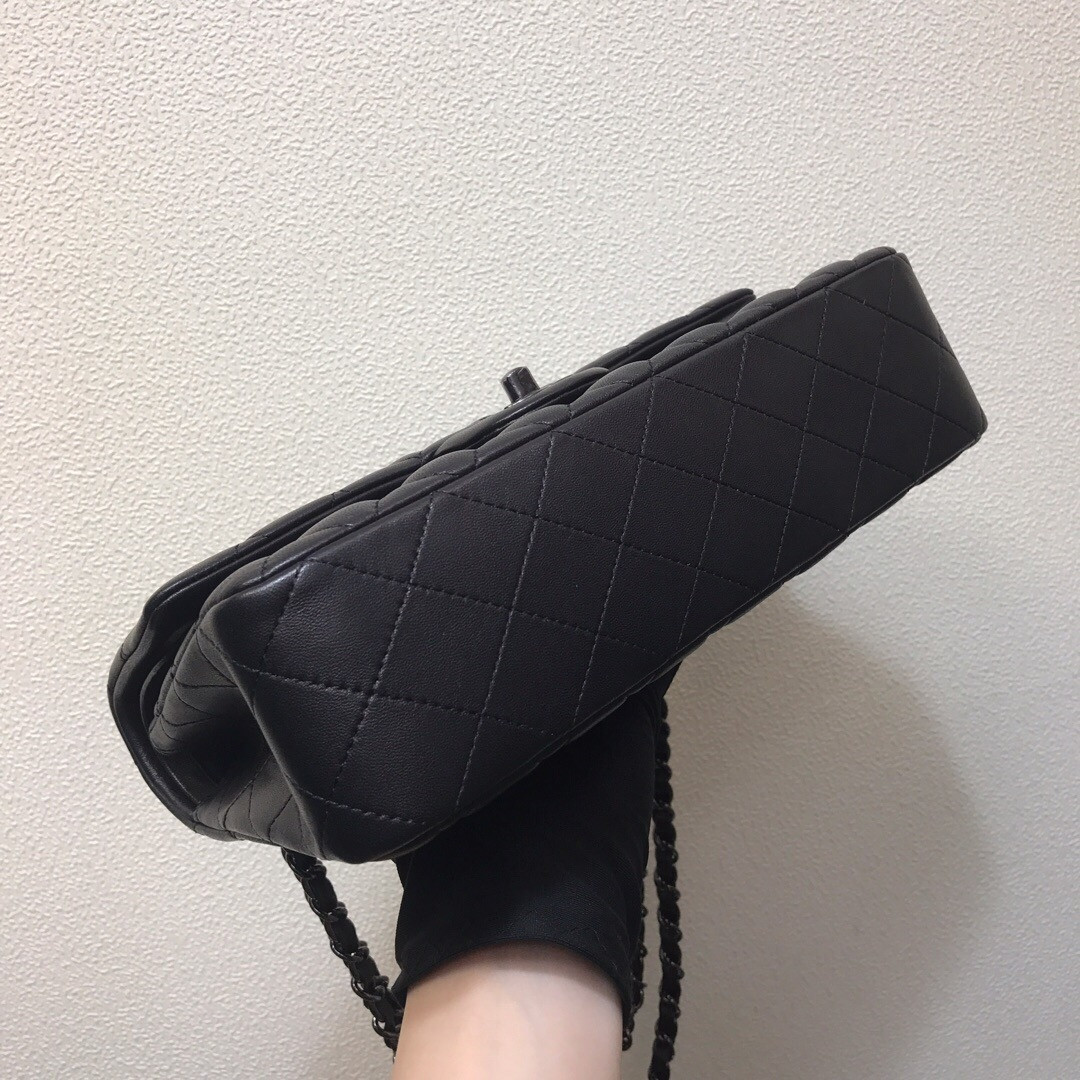 CHANEL CRUMPLED CALFSKIN QUITED DOUBLE FLAP BLACK  15.5x25.5x6.5cm