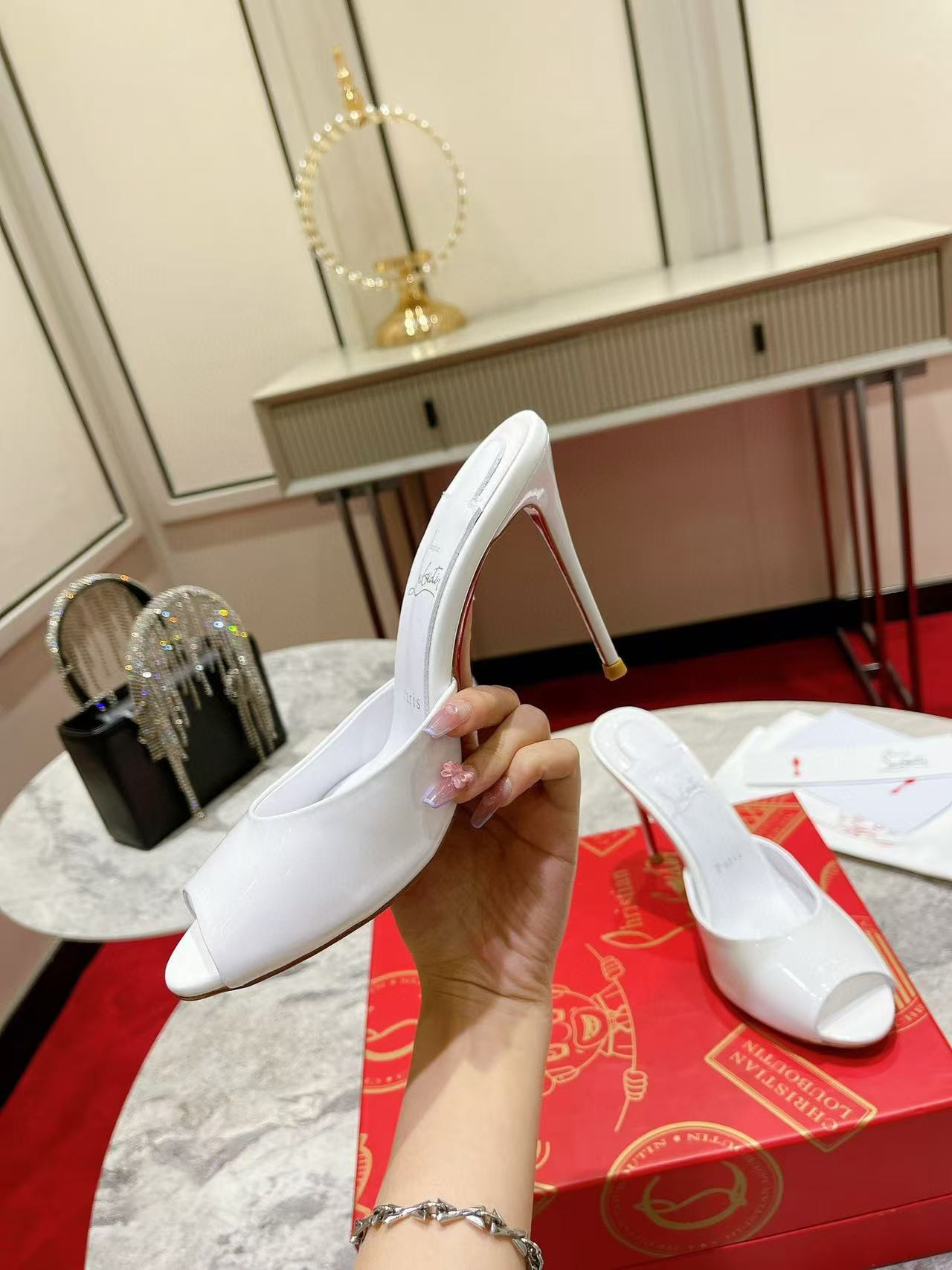 UA Christian Louboutin Bridal Me Dolly 100 Patent Leather Mules