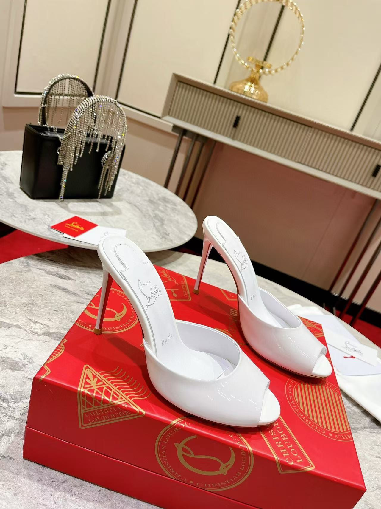 UA Christian Louboutin Bridal Me Dolly 100 Patent Leather Mules