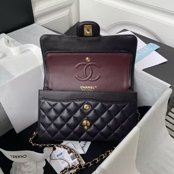 CHANEL SMALL CLASSIC HANDBAG Grained Calfskin & Gold-Tone Metal Black 5.7 × 9 × 2.3 in