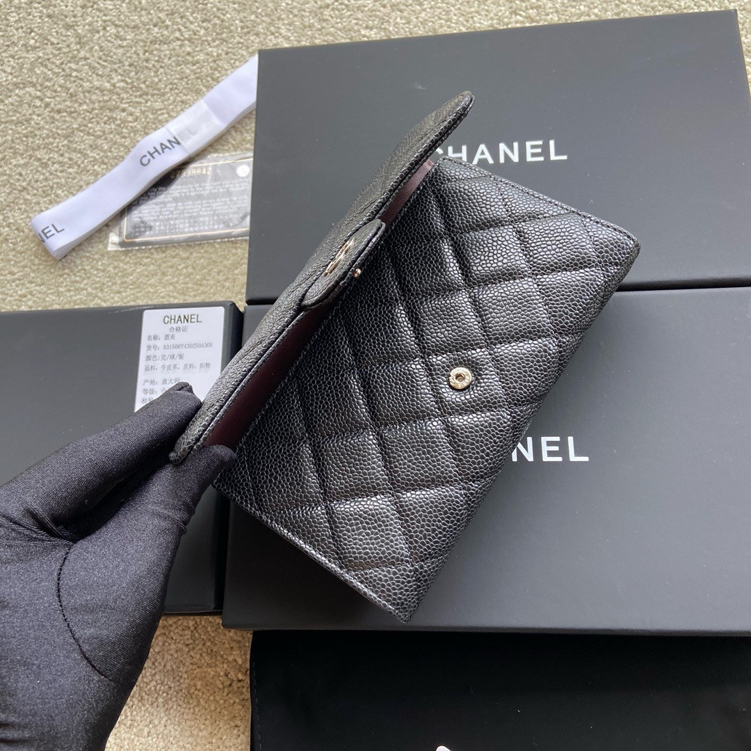 CHANEL FLAP WALLET GRAINED LEATHER BLACK 19.5 x10 cm