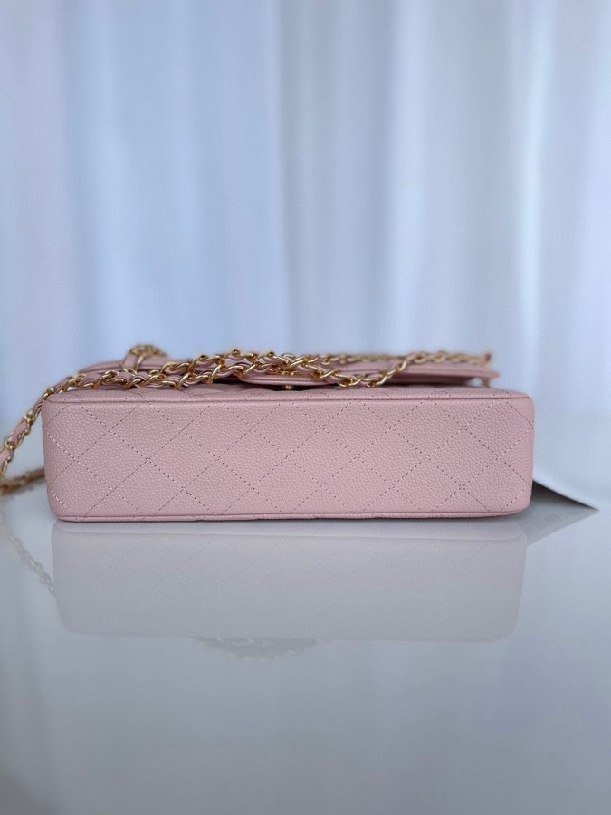 CHANEL CLASSIC HANDBAG GRAINED CALFSKIN & GOLD-TONE METAL PINK 6 × 9.9 × 2.5 in