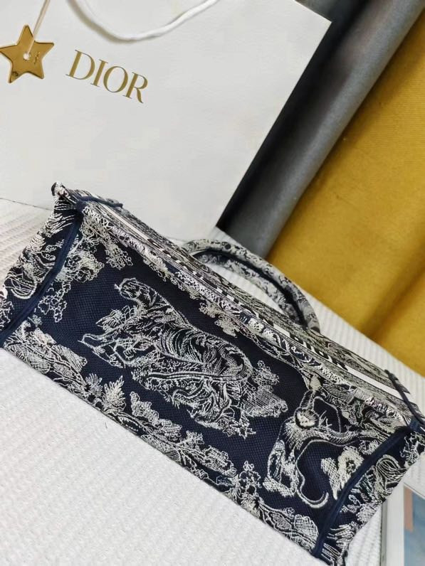 LARGE DIOR BOOK TOTE Blue and Ecru Toile de Jouy Reverse Embroidery 16.5 x 14 x 7.5 inches