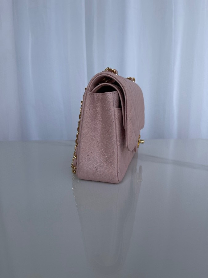 CHANEL CLASSIC HANDBAG GRAINED CALFSKIN & GOLD-TONE METAL PINK 6 × 9.9 × 2.5 in
