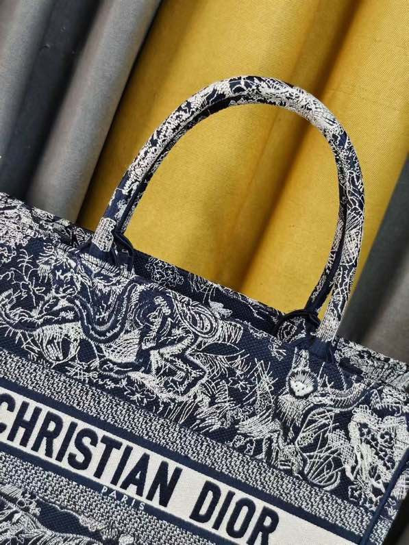 LARGE DIOR BOOK TOTE Blue and Ecru Toile de Jouy Reverse Embroidery 16.5 x 14 x 7.5 inches