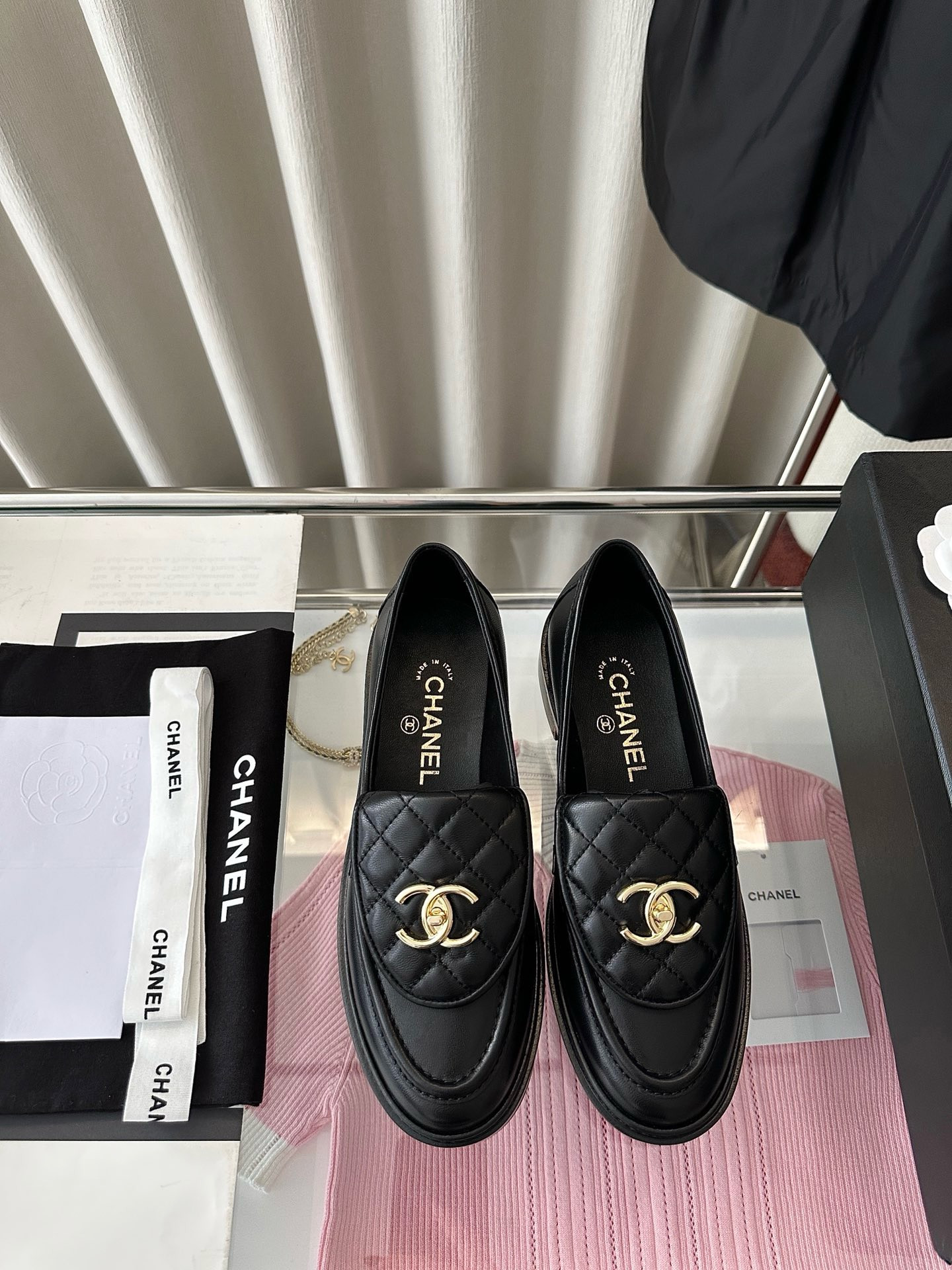 Chanel Quilted Tab Loafers Black Leather