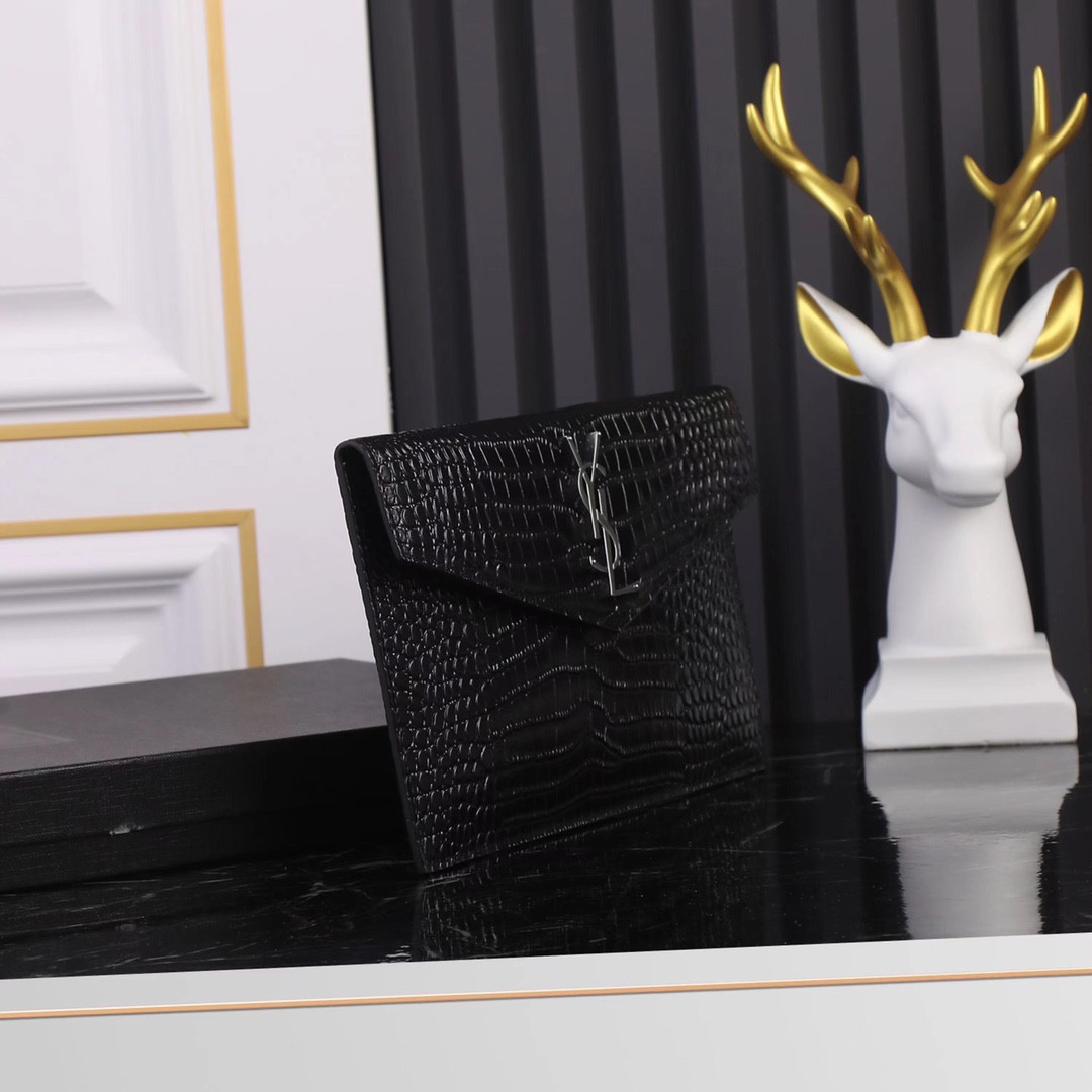YSL UPTOWN POUCH IN CROCODILE-EMBOSSED SHINY LEATHER BLACK 10.6 X 6.2 X 0.7 INCHES