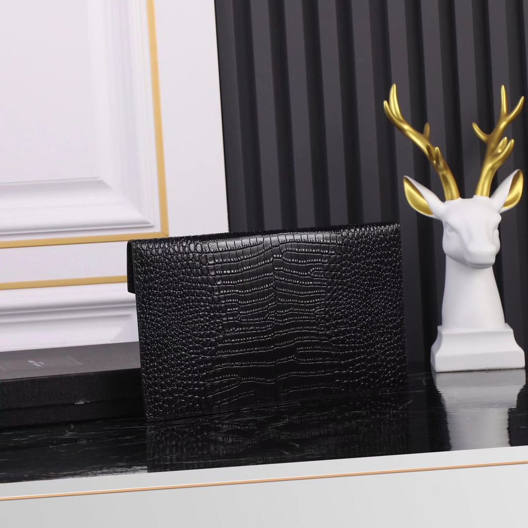 YSL UPTOWN POUCH IN CROCODILE-EMBOSSED SHINY LEATHER BLACK 10.6 X 6.2 X 0.7 INCHES