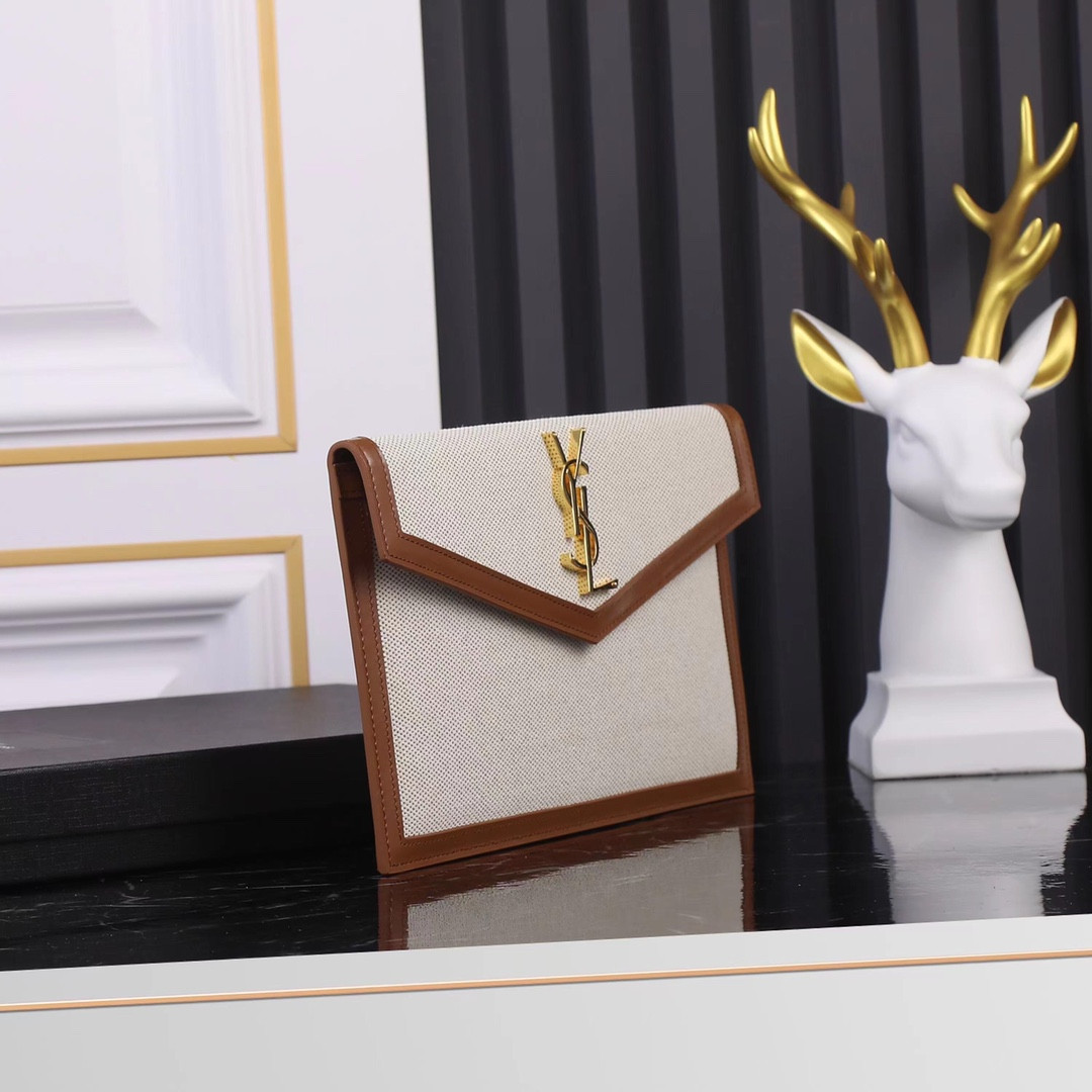 YSL UPTOWN POUCH IN CANVAS AND SMOOTH LEATHER NATURAL BEIGE 10.6 X 6.2 X 0.7 INCHES