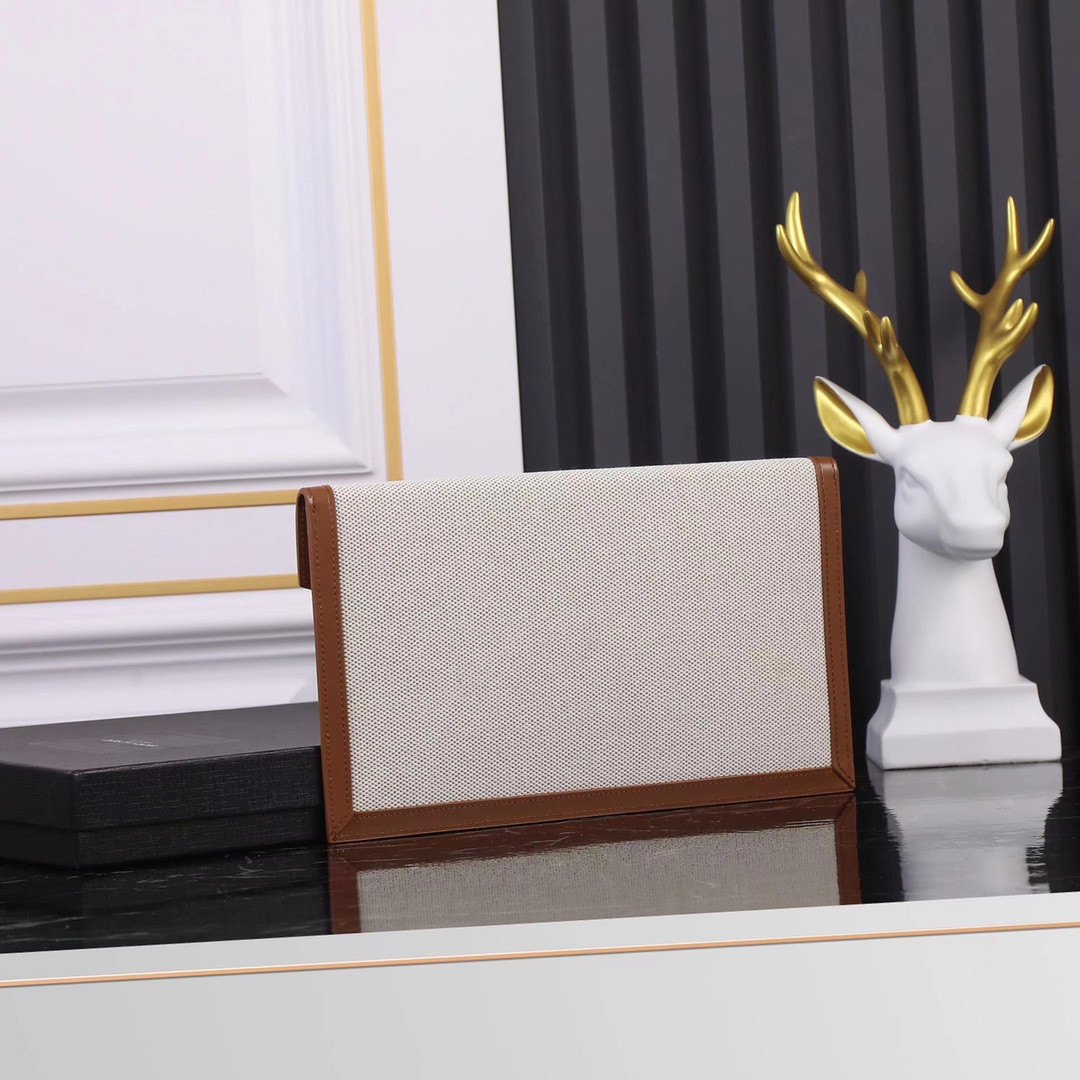 YSL UPTOWN POUCH IN CANVAS AND SMOOTH LEATHER NATURAL BEIGE 10.6 X 6.2 X 0.7 INCHES