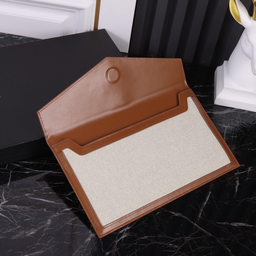 YSL UPTOWN POUCH IN CANVAS AND SMOOTH LEATHER NATURAL BEIGE 10.6 X 6.2 X 0.7 INCHES