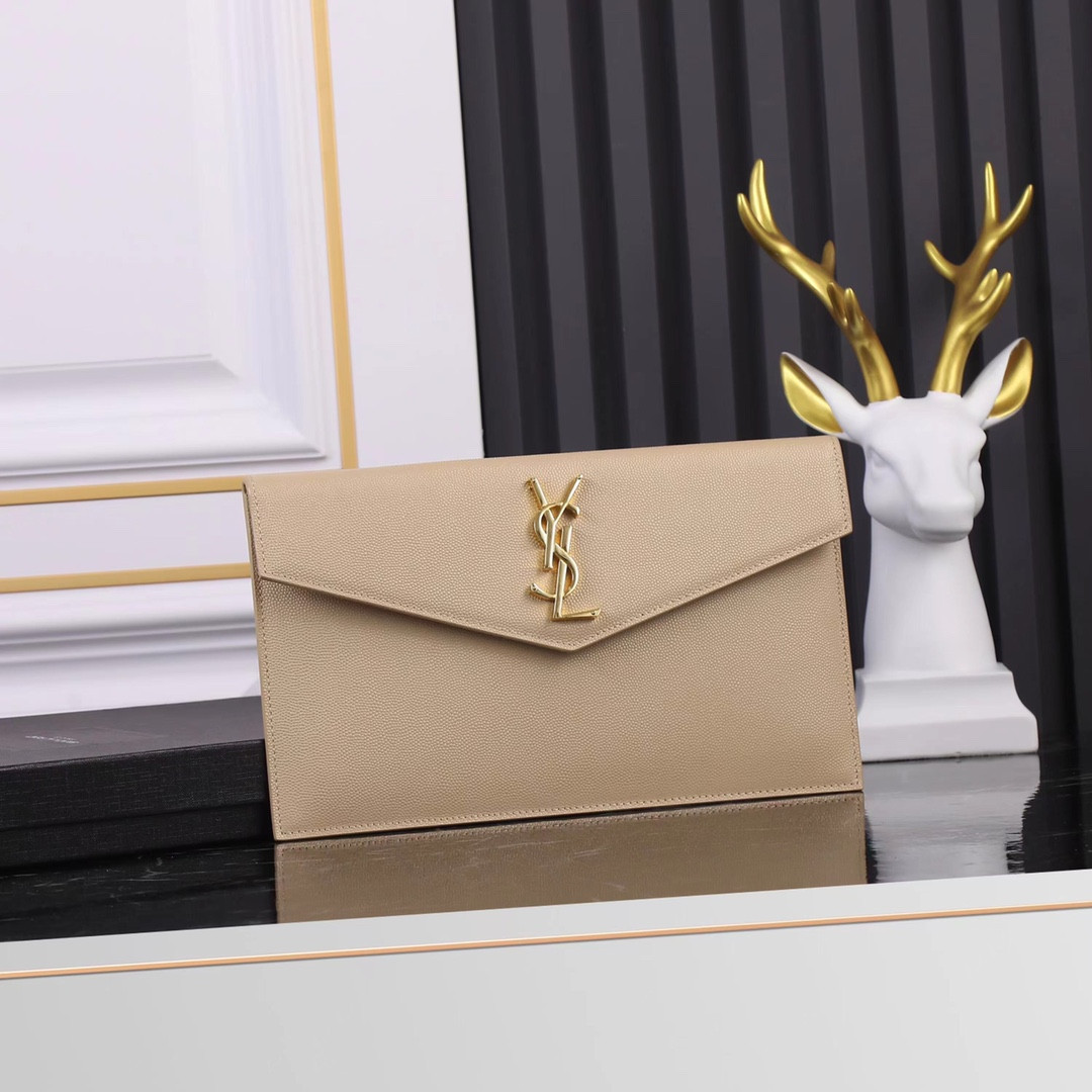 YSL UPTOWN POUCH IN GRAIN DE POUDRE EMBOSSED LEATHER DARK BEIGE 10.6 X 6.2 X 0.7 INCHES