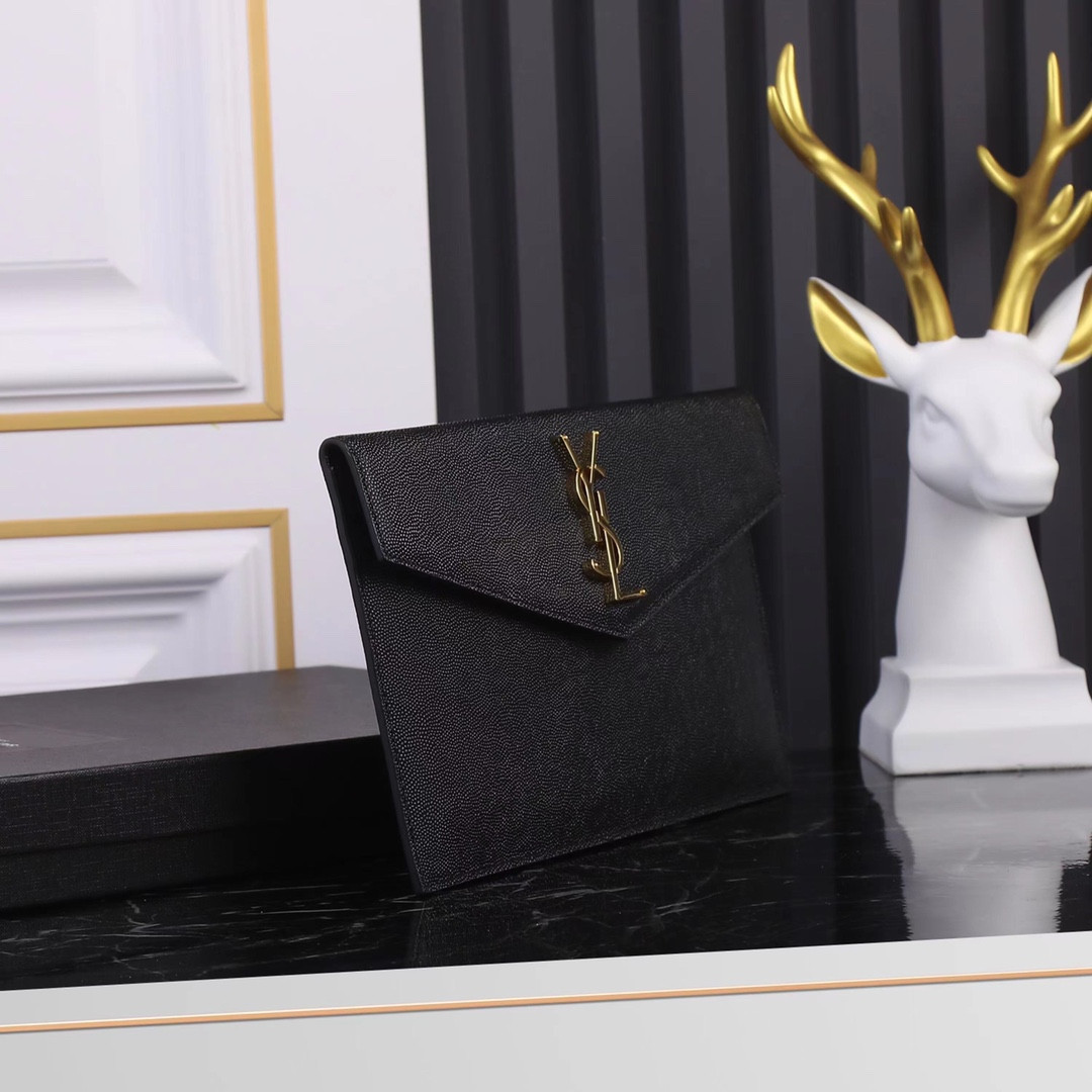 YSL UPTOWN POUCH IN GRAIN DE POUDRE EMBOSSED LEATHER BLACK 10.6 X 6.2 X 0.7 INCHES