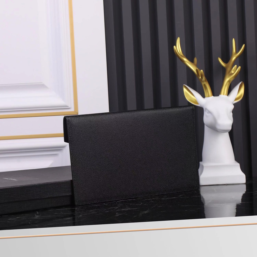 YSL UPTOWN POUCH IN GRAIN DE POUDRE EMBOSSED LEATHER BLACK 10.6 X 6.2 X 0.7 INCHES