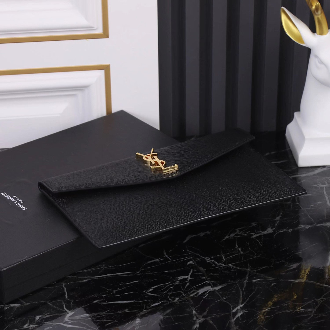 YSL UPTOWN POUCH IN GRAIN DE POUDRE EMBOSSED LEATHER BLACK 10.6 X 6.2 X 0.7 INCHES