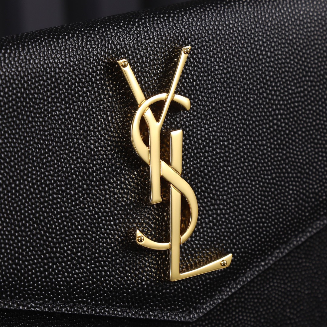 YSL UPTOWN POUCH IN GRAIN DE POUDRE EMBOSSED LEATHER BLACK 10.6 X 6.2 X 0.7 INCHES