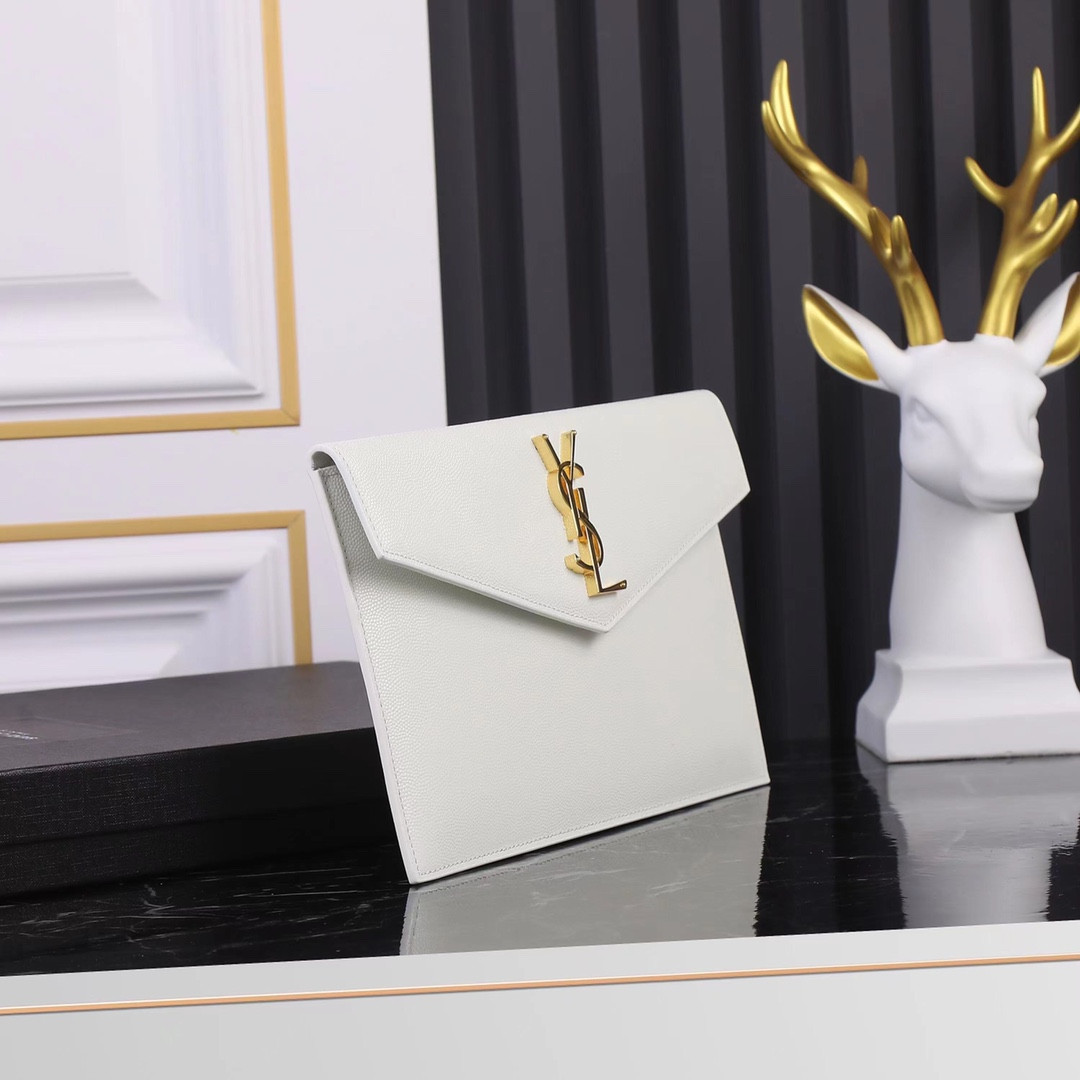 YSL UPTOWN POUCH IN GRAIN DE POUDRE EMBOSSED LEATHER BLANC VINTAGE 10.6 X 6.2 X 0.7 INCHES