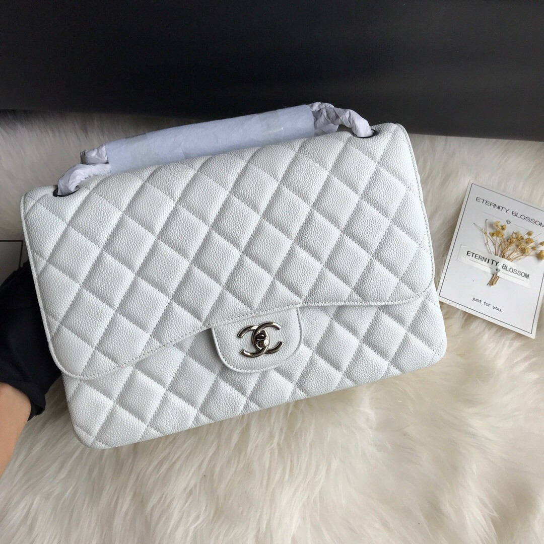 Chanel Classic Flap Jumbo 30cm CF White Silver 7.6 × 11.7 × 3.9 in
