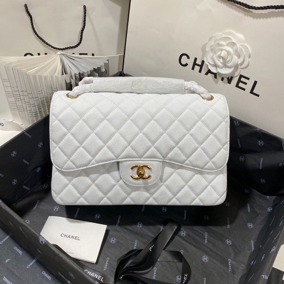 Chanel Classic Flap Jumbo 30cm CF White Gold  7.6 × 11.7 × 3.9 in
