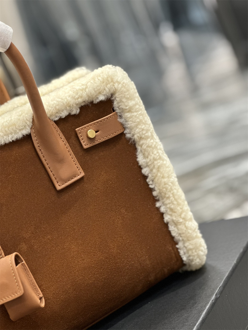 YSL SAC DE JOUR SUPPLE SAMLL IN SUEDE AND SHEARLING DARK CIGAR AND NATURAL BEIGE
