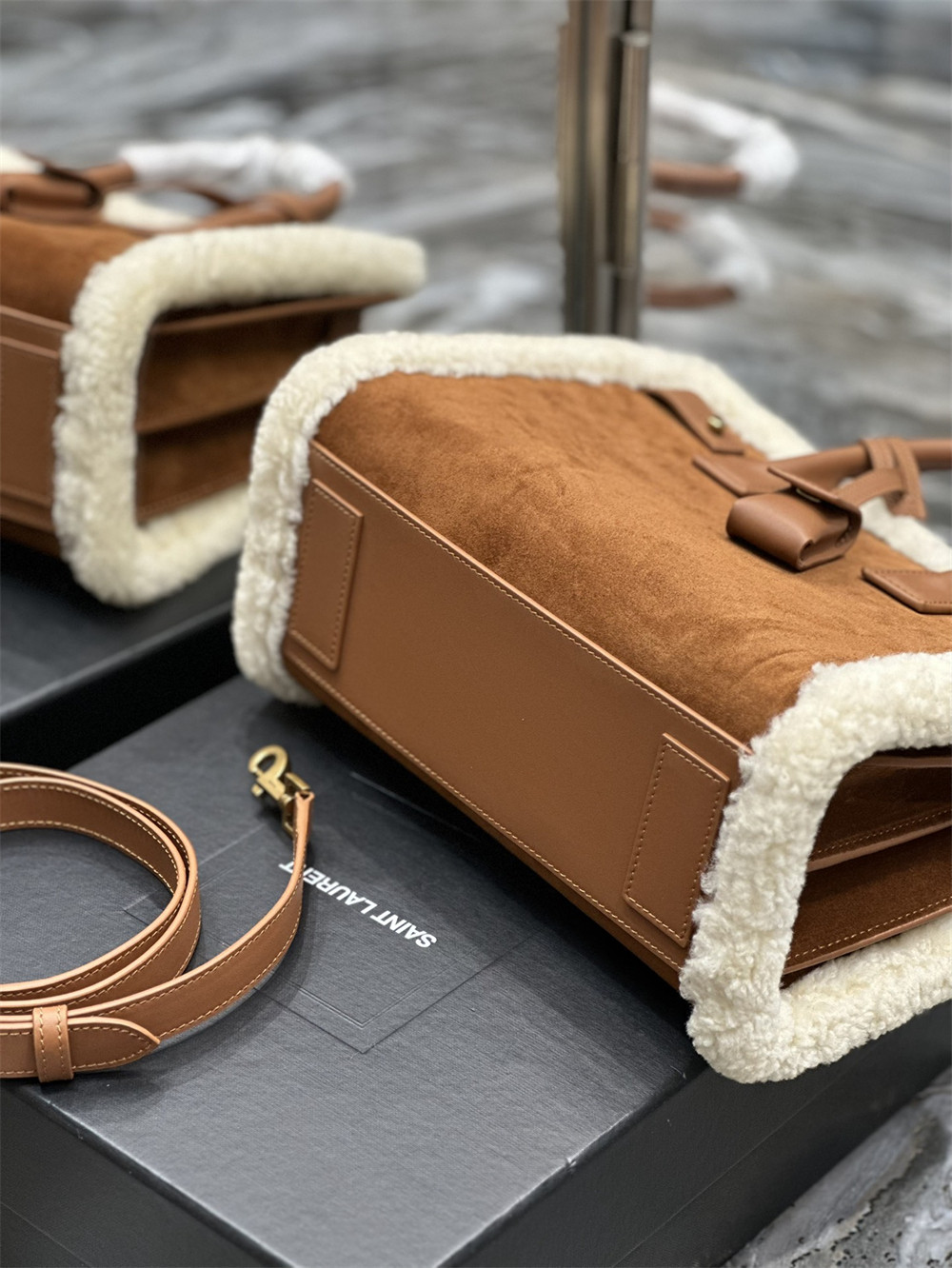 YSL SAC DE JOUR SUPPLE BABY IN SUEDE AND SHEARLING DARK CIGAR AND NATURAL BEIGE