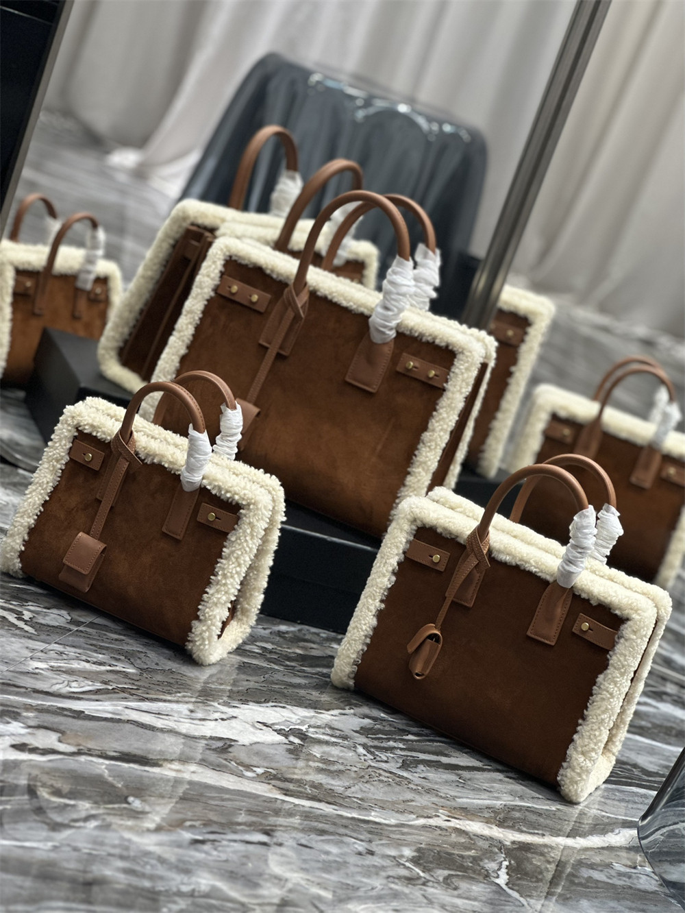 YSL SAC DE JOUR SUPPLE NANO IN SUEDE AND SHEARLING DARK CIGAR AND NATURAL BEIGE