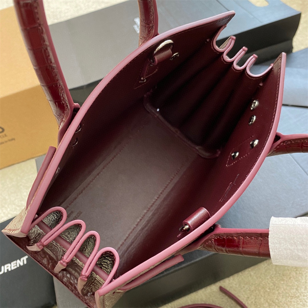 YSL SAC DE JOUR NANO IN CROCODILE EMBOSSED LEATHER ROUGE LEGION 8.6 X 6.8 X 3.5 INCHES